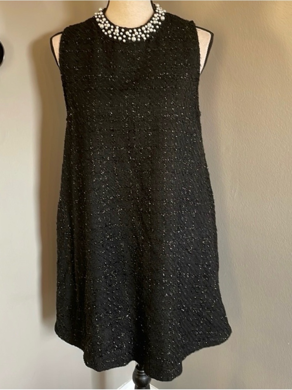 Gracia Black Tweed Mini Dress with Pearl Collar